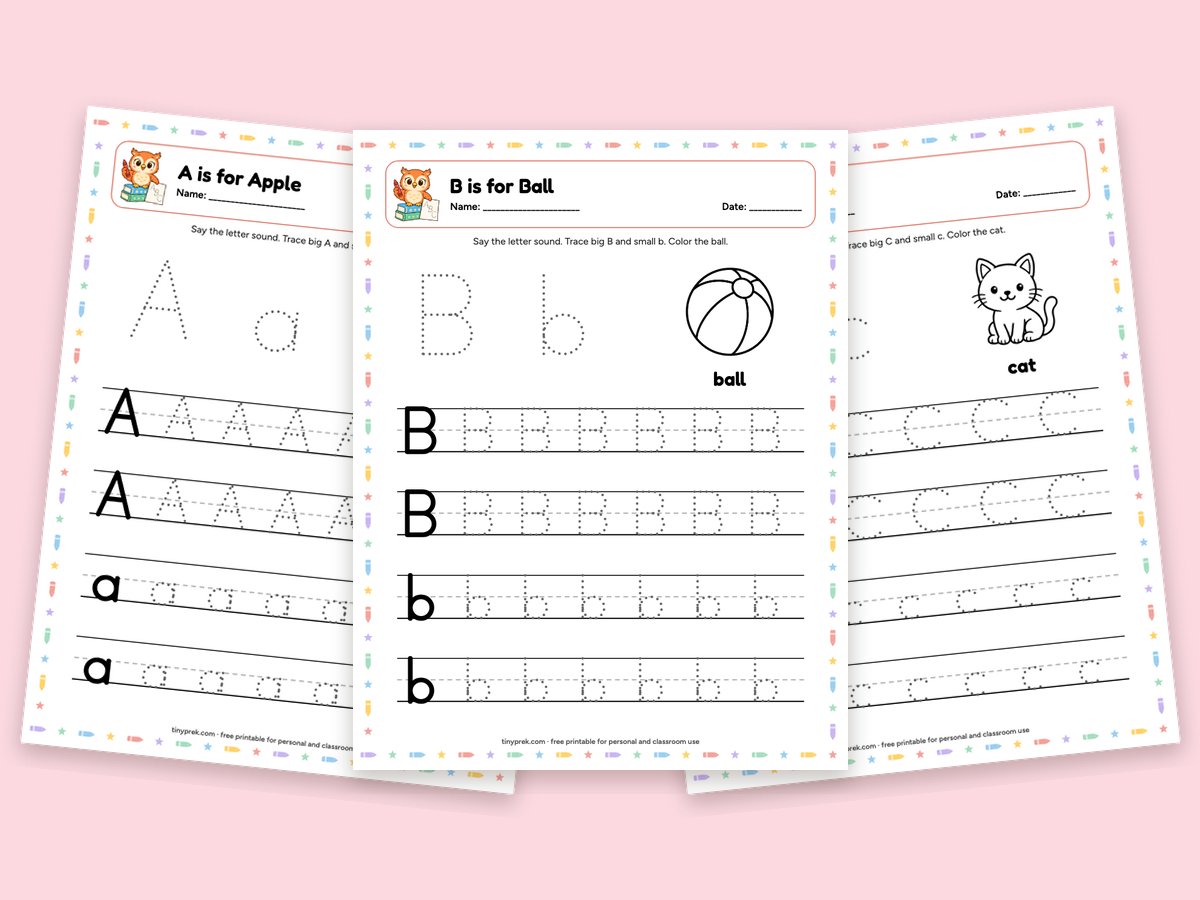 Three free alphabet tracing worksheets: A is for apple, B is for ball, C is for cat