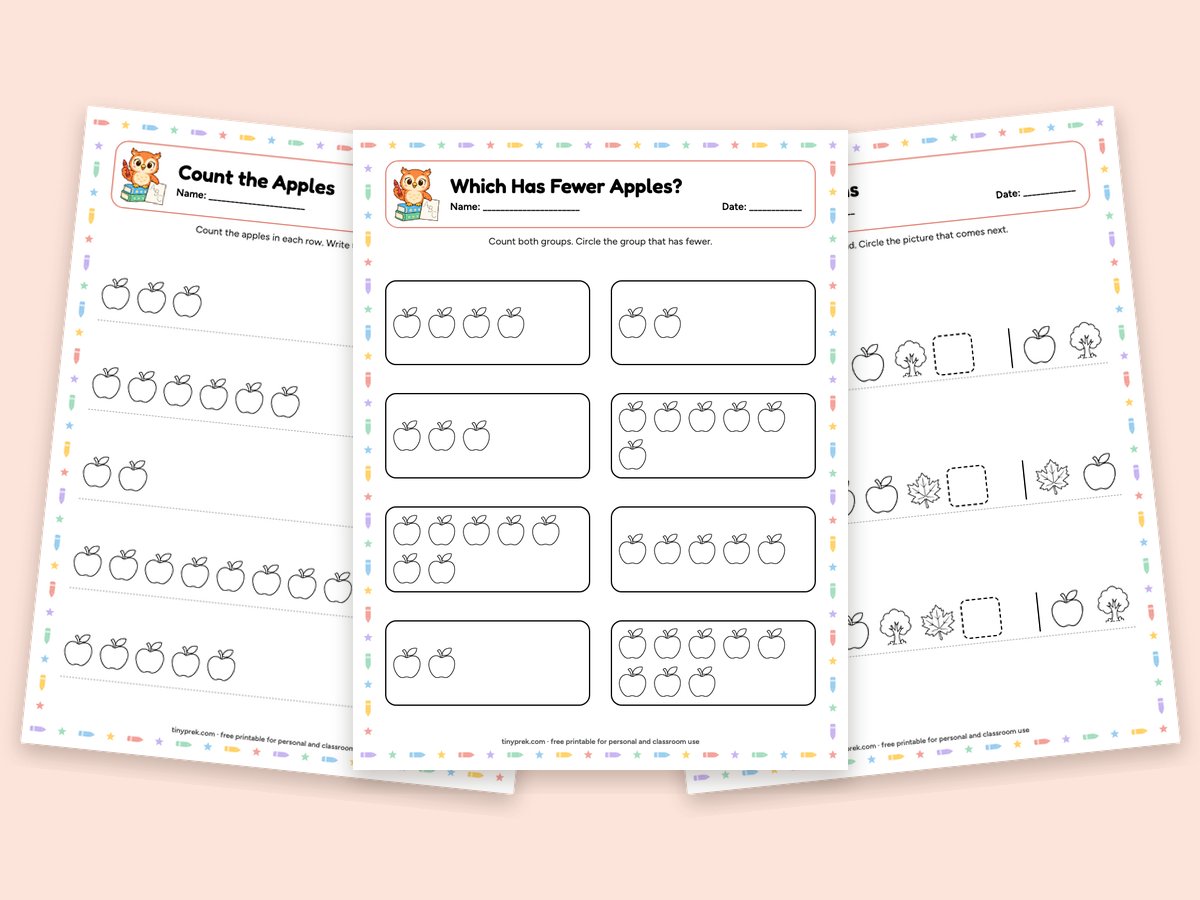 Free apple preschool worksheets: count apples, which has fewer, apple patterns