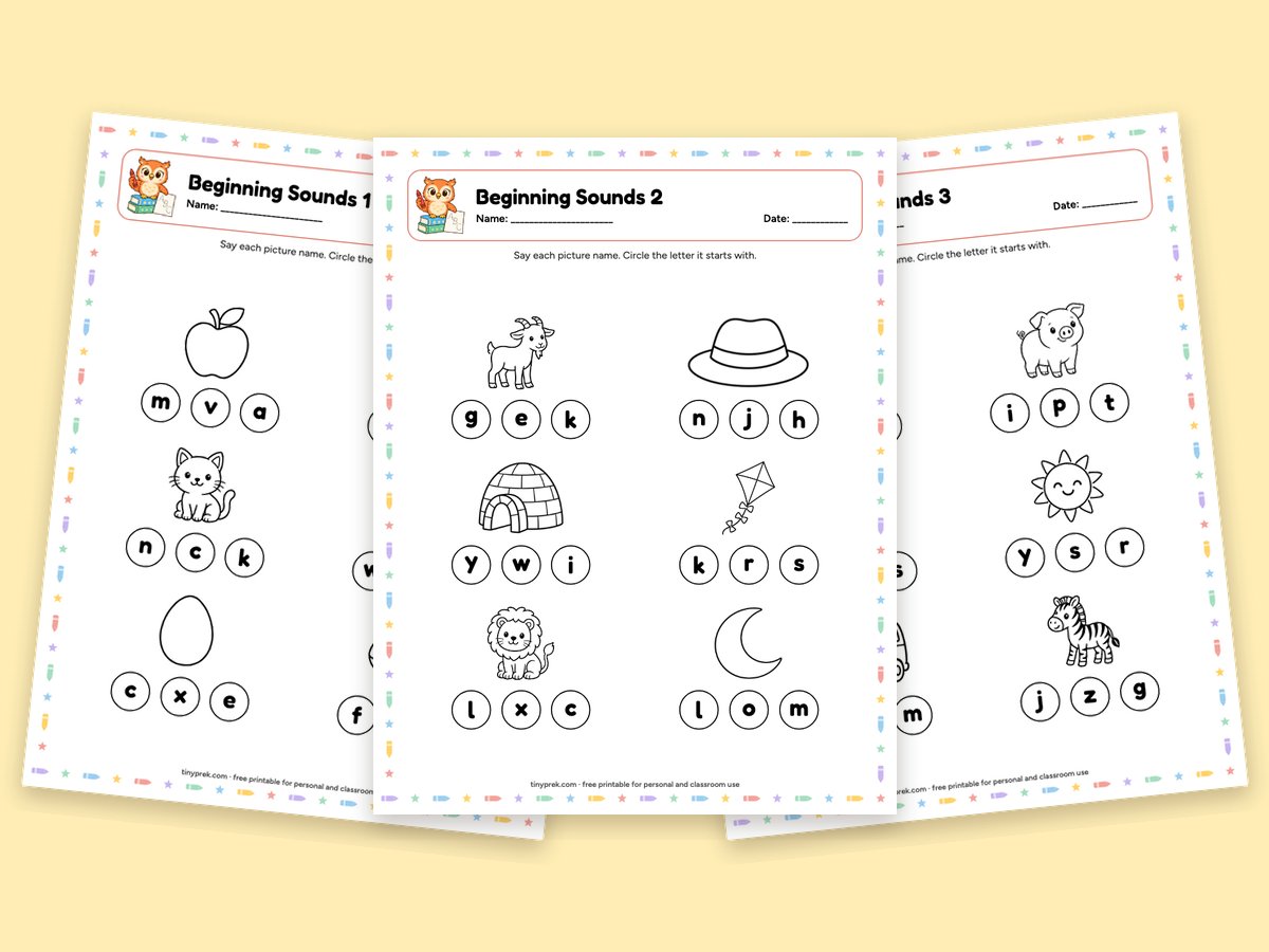 Free beginning sounds worksheets: circle the first letter for 18 pictures