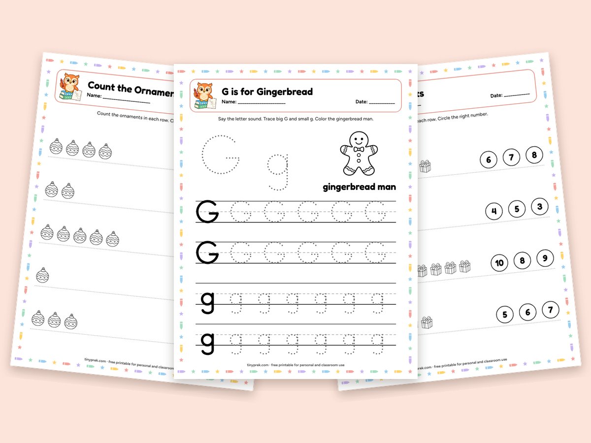 Free Christmas preschool worksheets: count ornaments, G is for gingerbread, count gifts