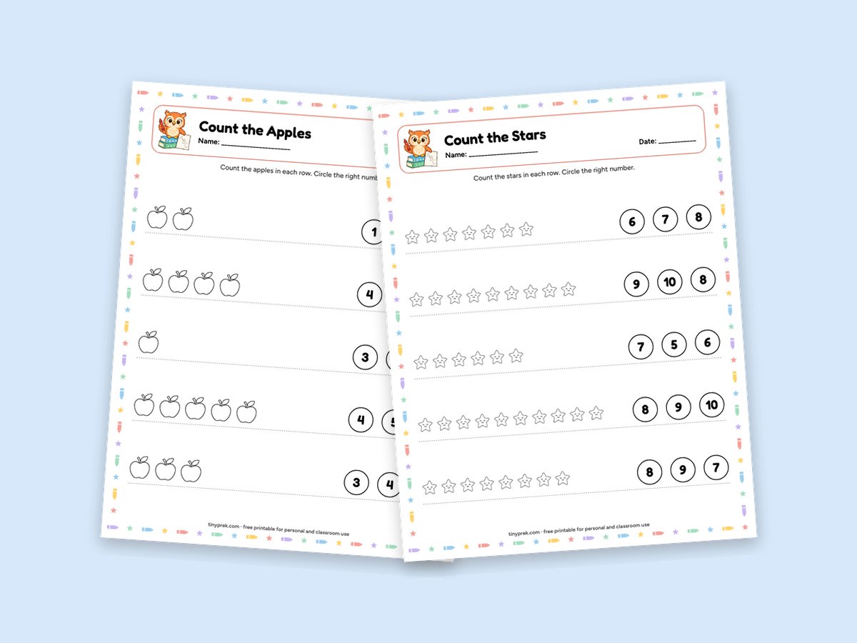 Free count and circle worksheets with apples and stars