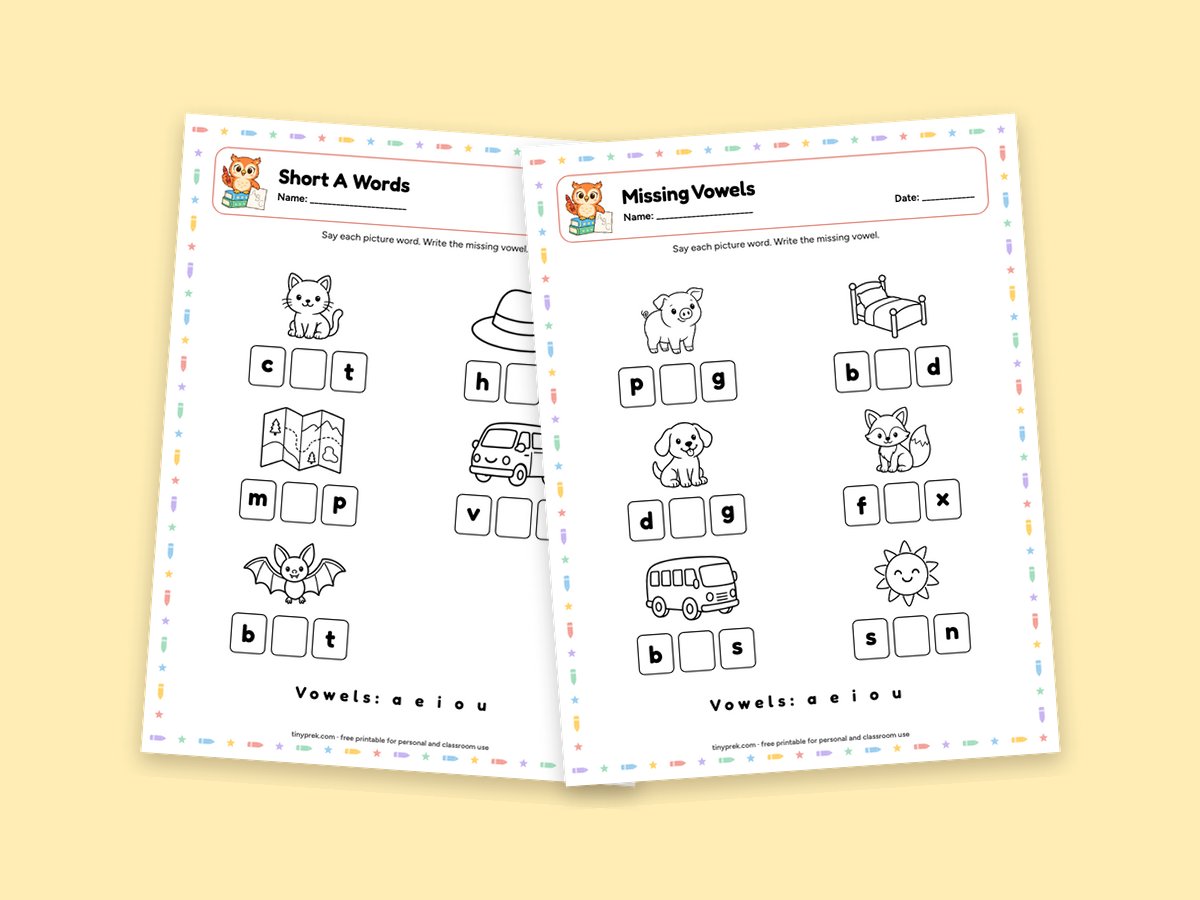 Free CVC missing vowel worksheets with picture words