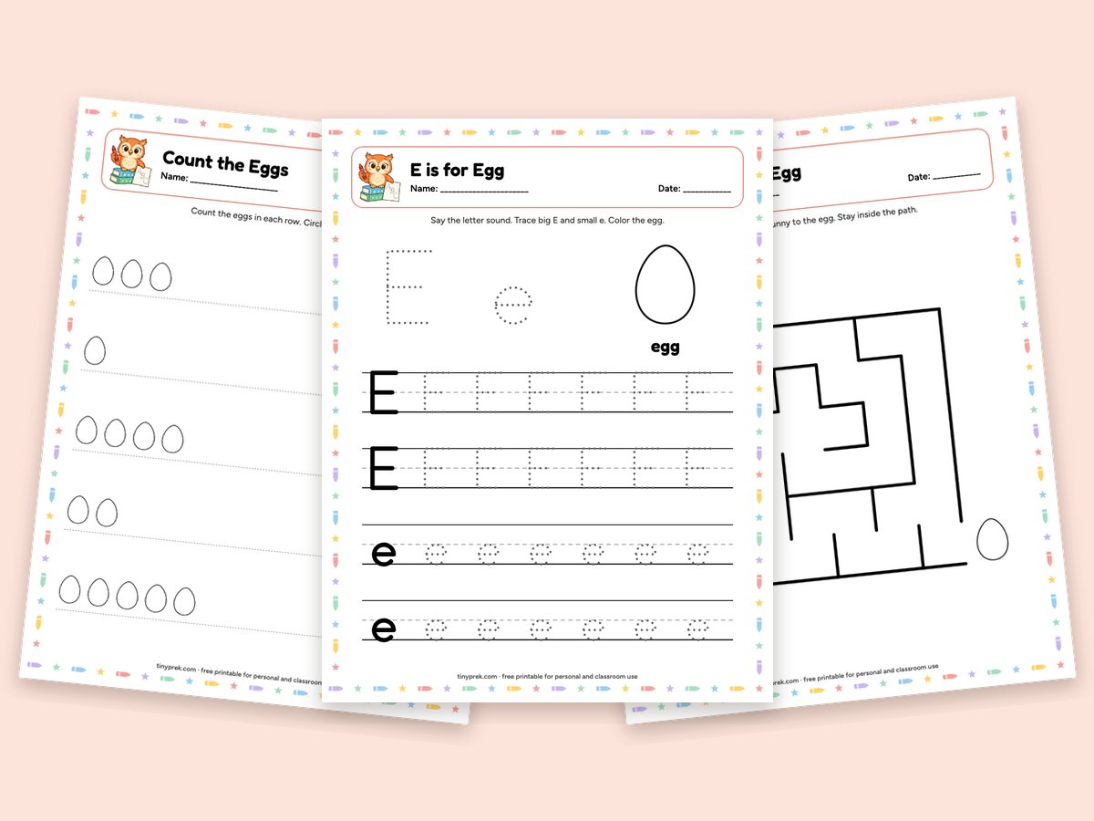 Free Easter preschool worksheets: eggs, bunny maze, addition