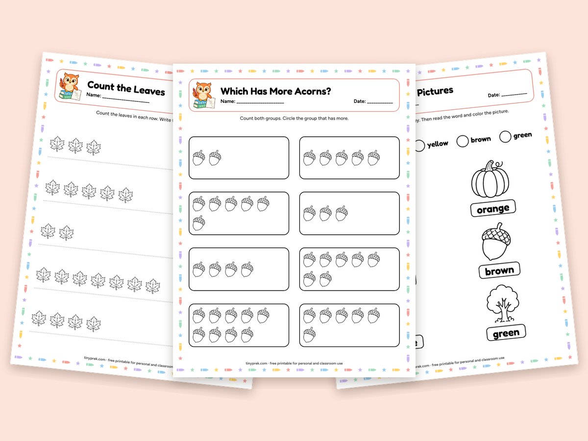 Free fall preschool worksheets: count leaves, which has more acorns, color fall pictures