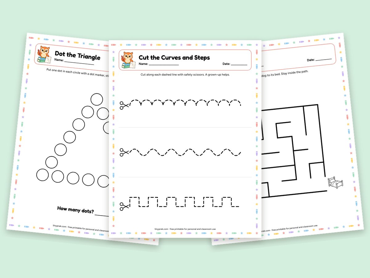 Free fine motor practice pages: dot the triangle, cutting curves and a dog maze