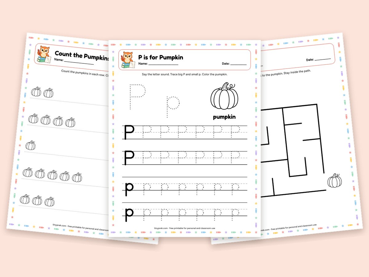 Free Halloween preschool worksheets: count pumpkins, P is for pumpkin, cat maze, patterns