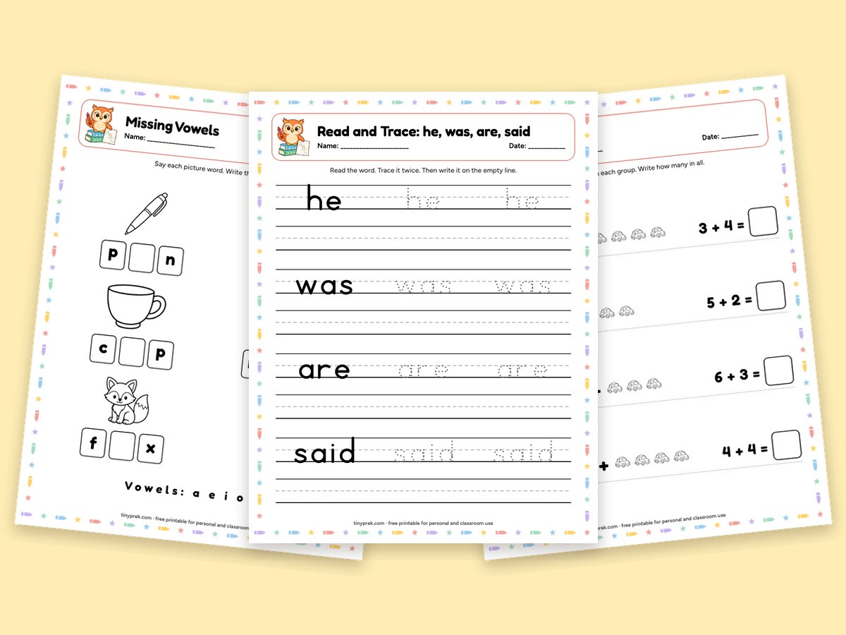 Free kindergarten worksheets: phonics, sight words, addition, numbers