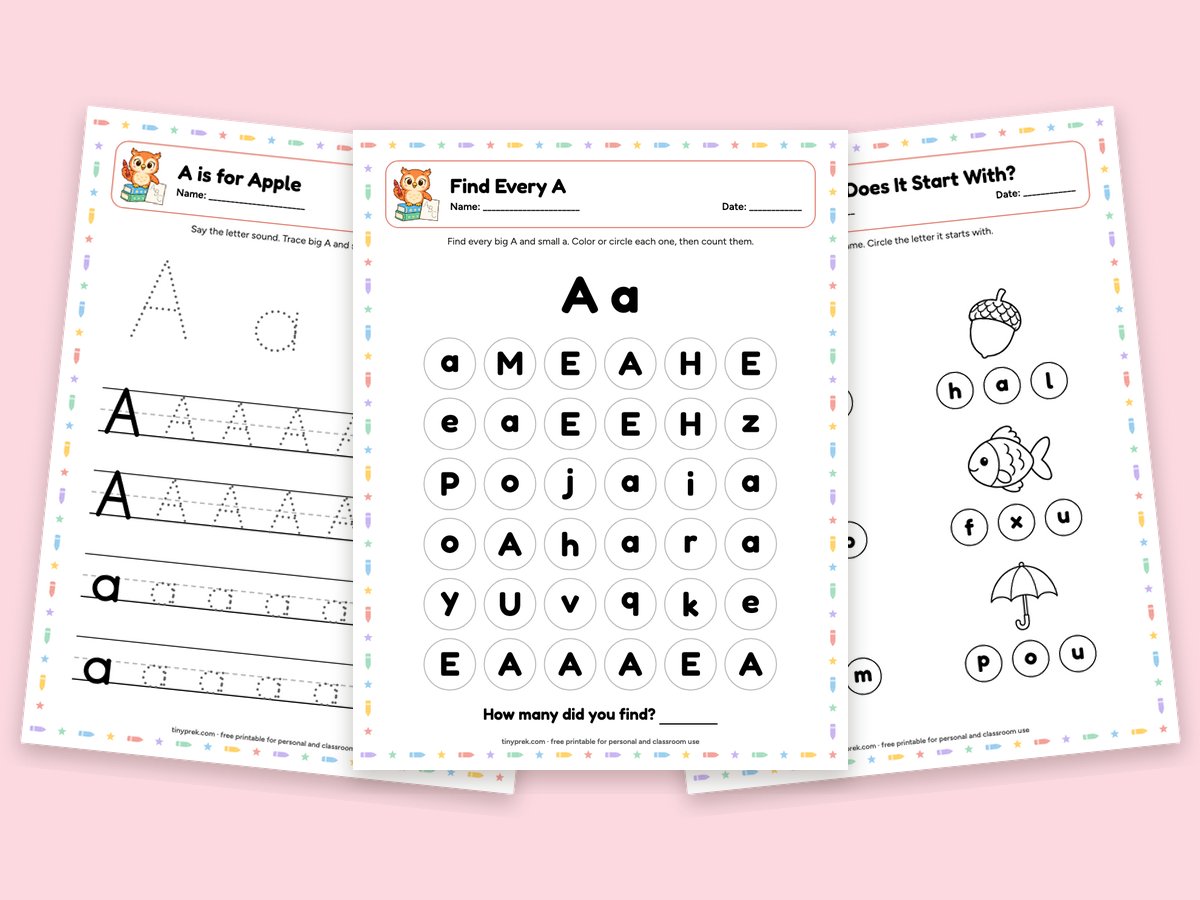 Free letter A preschool worksheets: A is for apple, find every A, beginning sounds
