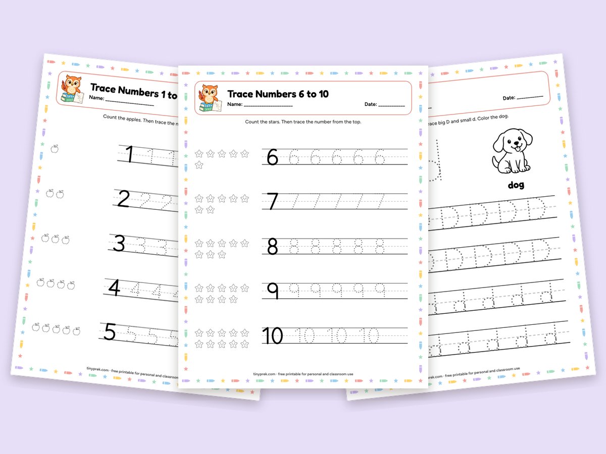Free number tracing worksheets 1 to 10 with pictures to count, and a D is for dog letter page