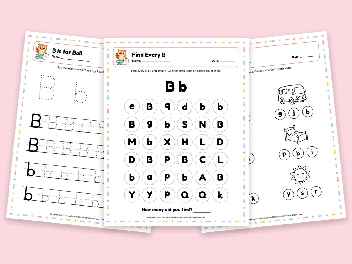 Free letter B preschool worksheets: B is for ball, find every B, listen for /b/
