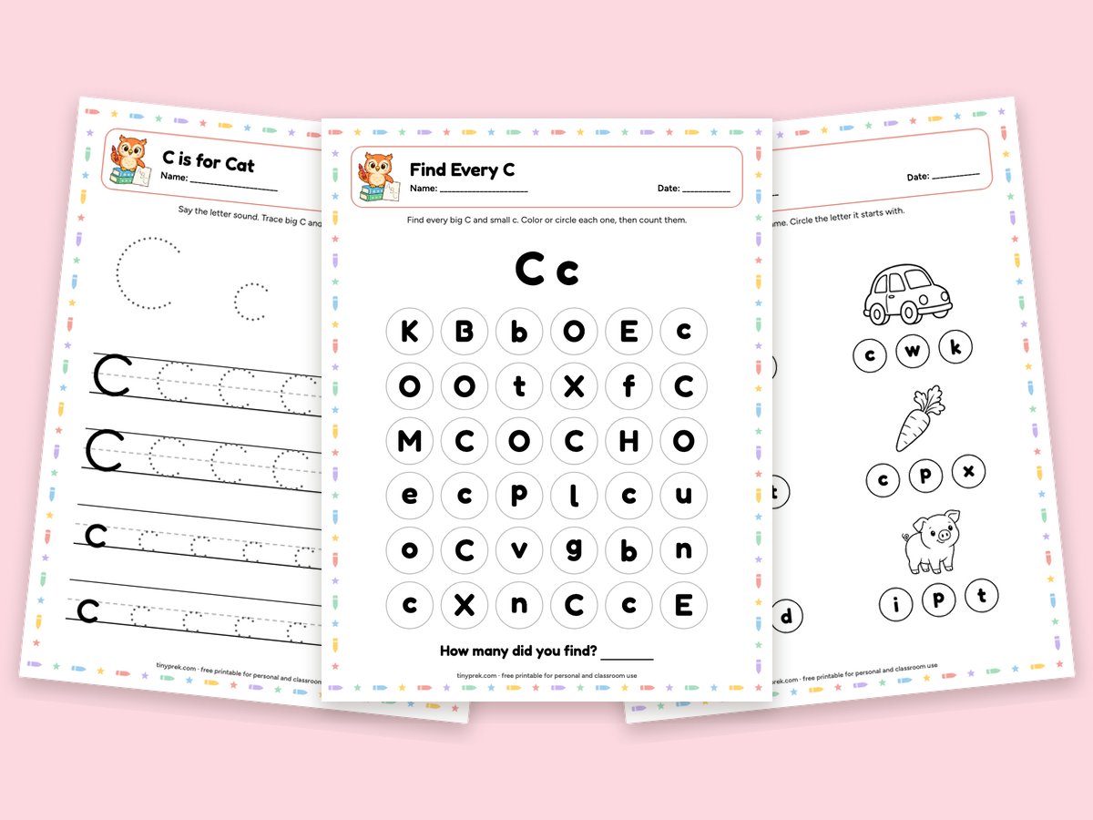 Free letter C preschool worksheets: C is for cat, find every C, listen for /c/
