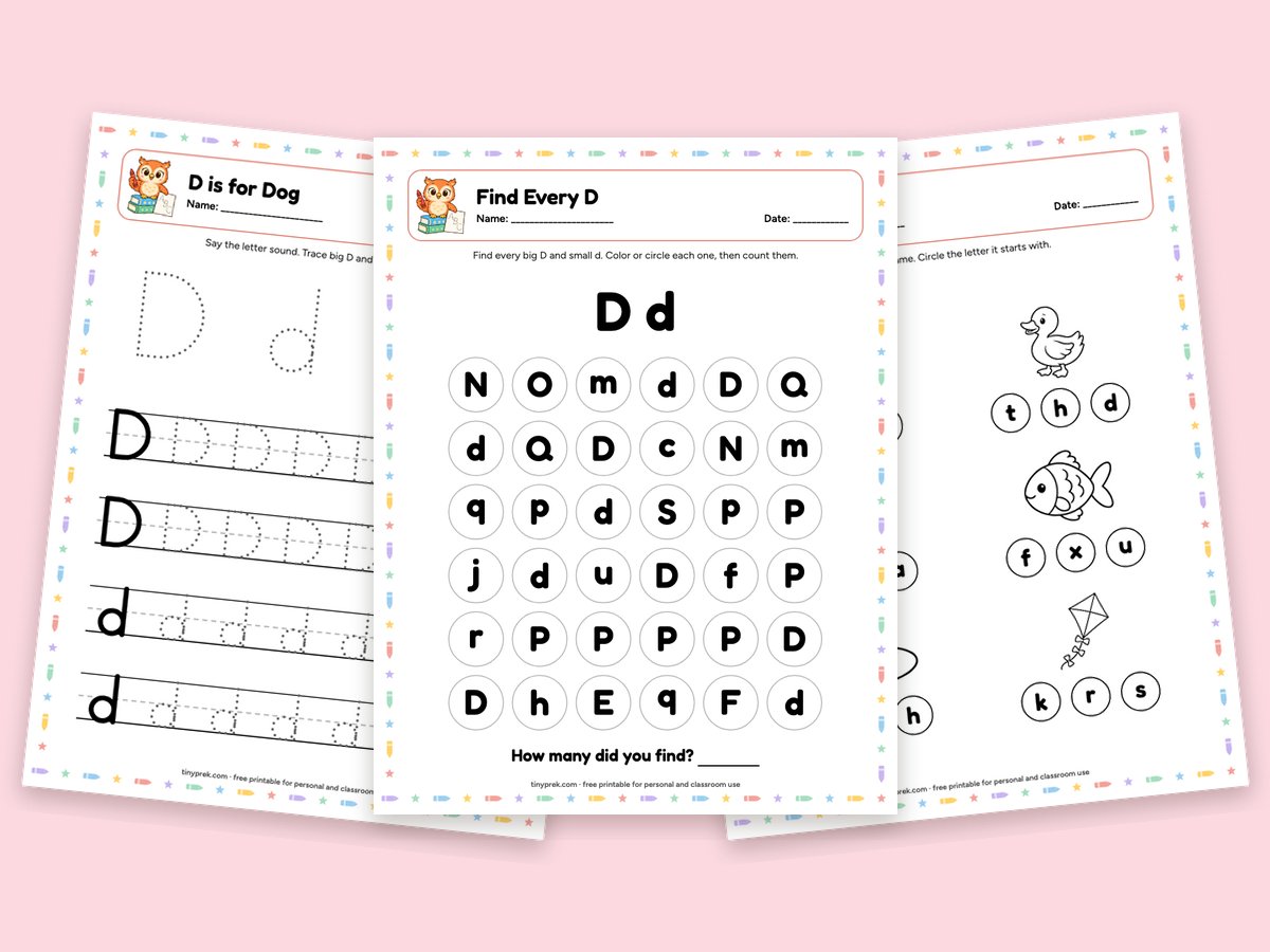 Free letter D preschool worksheets: D is for dog, find every D, listen for /d/