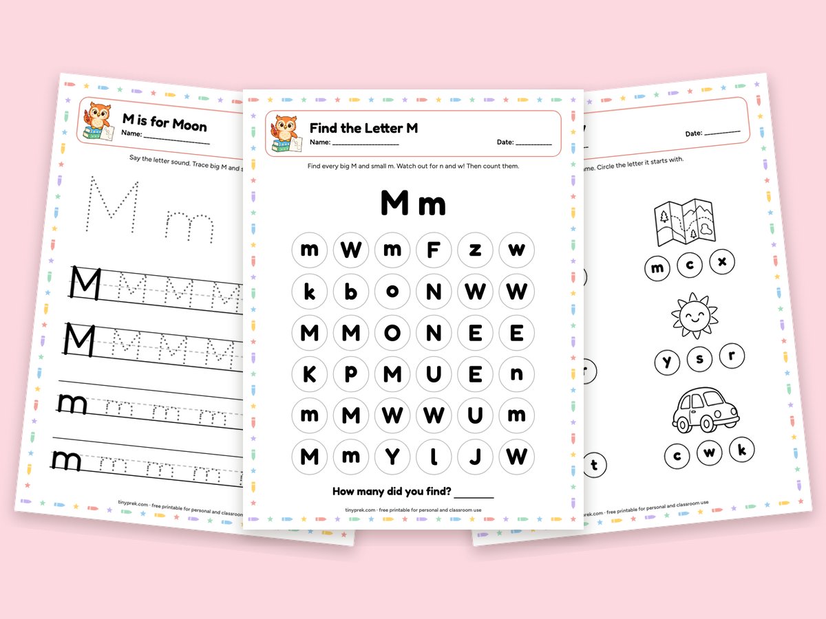 Free letter of the week printables for M: M is for moon, find the letter M, listen for /m/