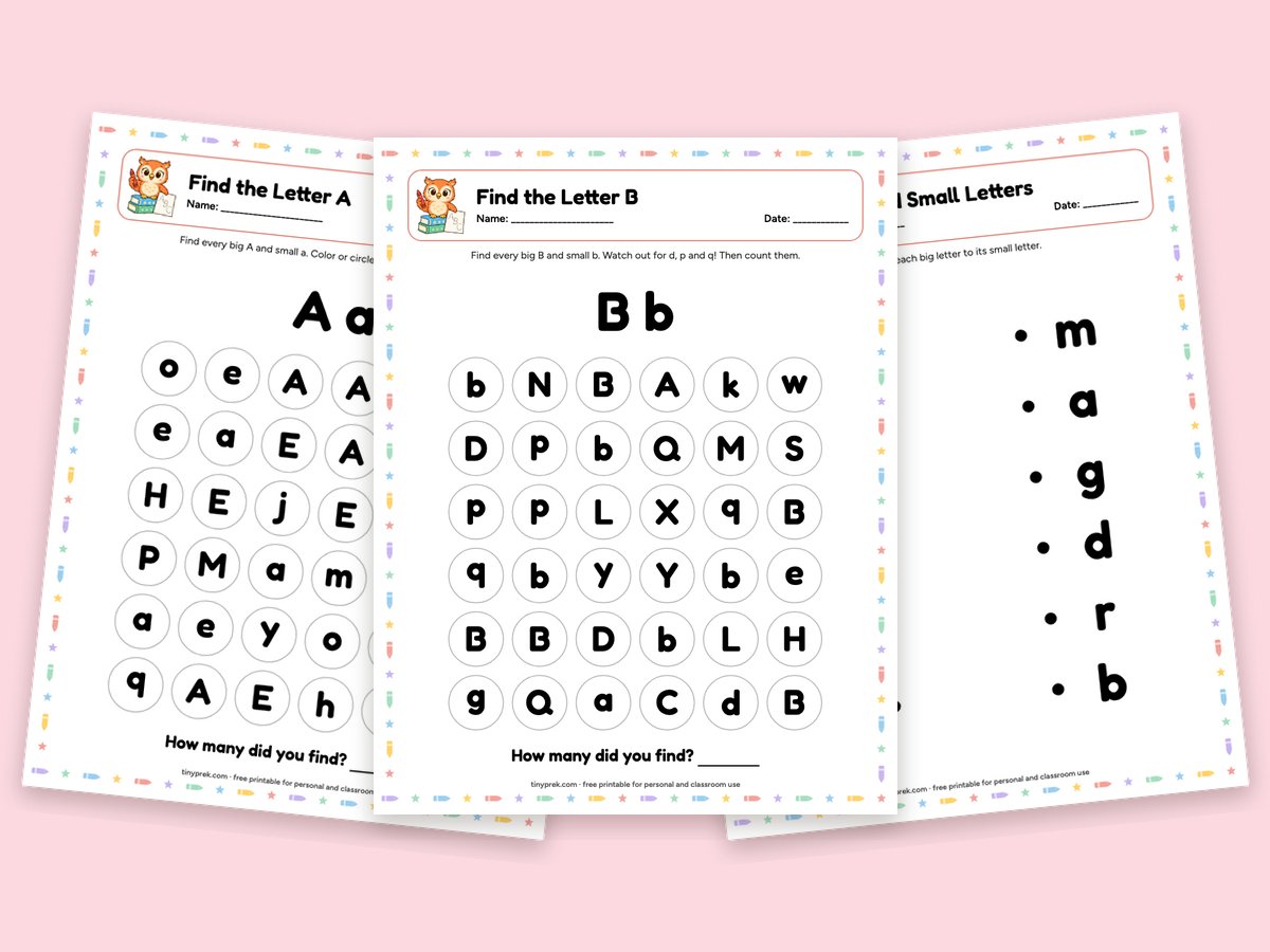 Free letter recognition worksheets: find the letter A, find the letter B, match big and small letters