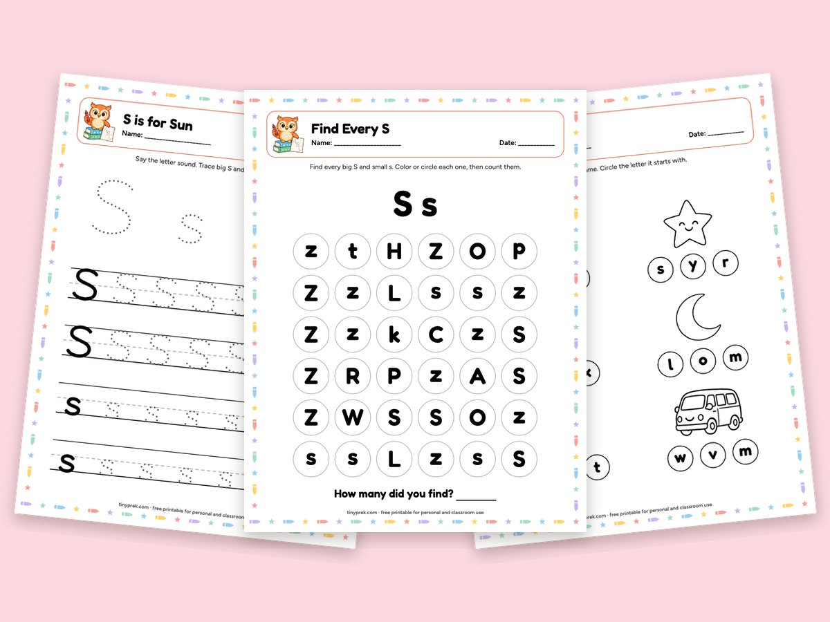 Free letter S preschool worksheets: S is for sun, find every S, listen for /s/