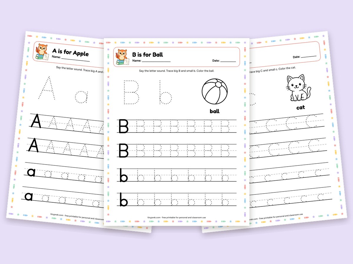 Free letter tracing worksheets A to Z with dotted letters and pictures