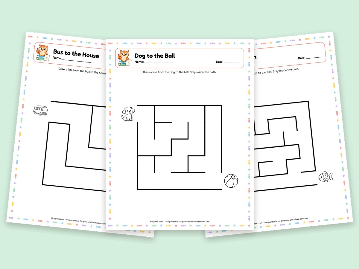 Free printable mazes for kids: bus, dog, cat and kite mazes from 4×4 to 8×8