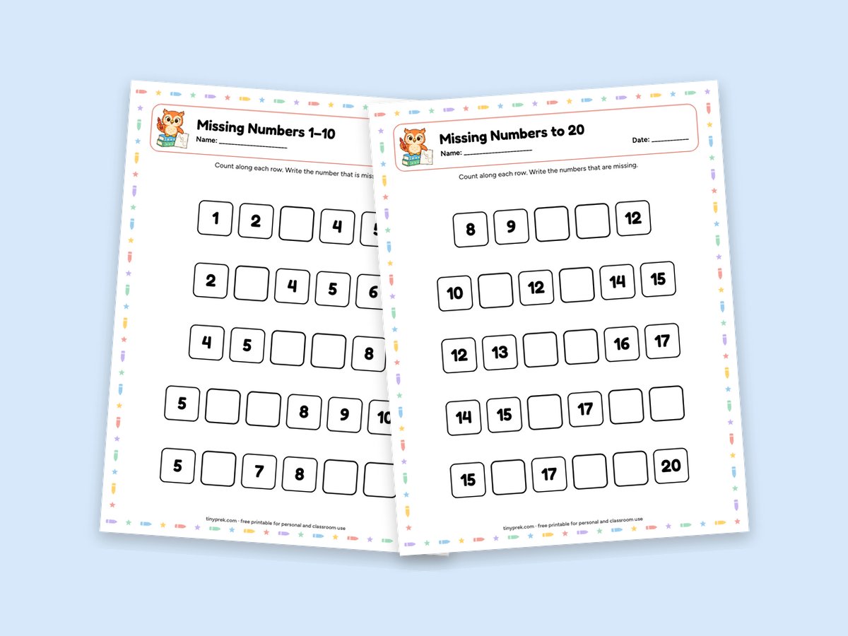 Free missing numbers worksheets 1 to 10 and up to 20
