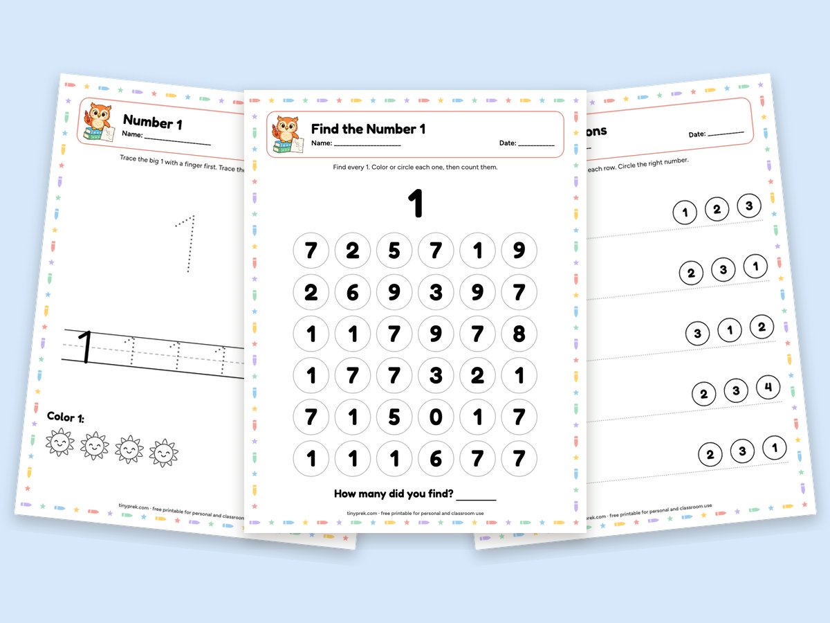 Free number 1 preschool worksheets: trace, find and count