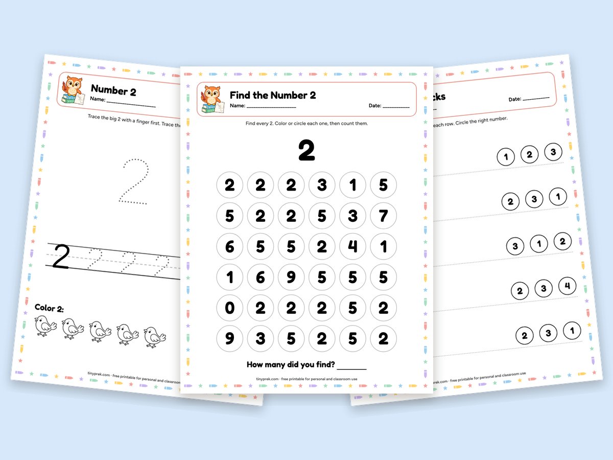 Free number 2 preschool worksheets: trace, find and count