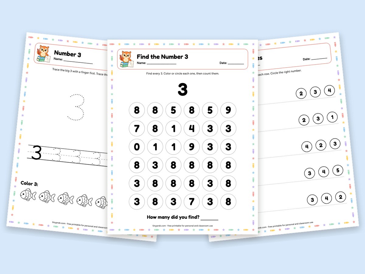 Free number 3 preschool worksheets: trace, find and count