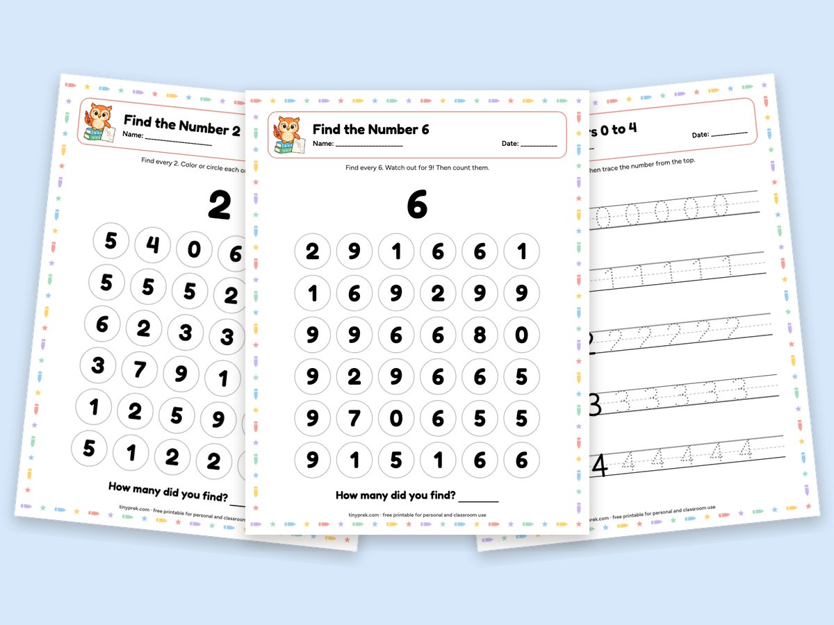 Free number recognition worksheets: find the number 2, find the number 6, trace 0 to 4