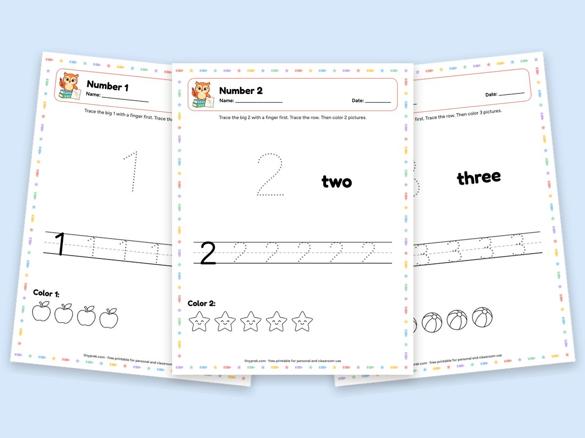 Free number worksheets 1 to 10: trace the number, number word, color that many