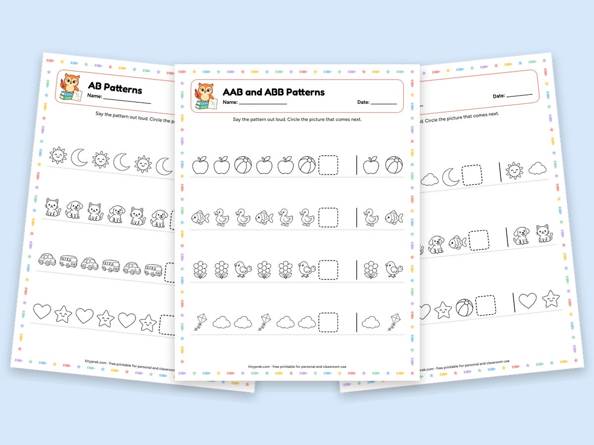 Free pattern worksheets for preschool: AB, AAB and ABB, and ABC patterns