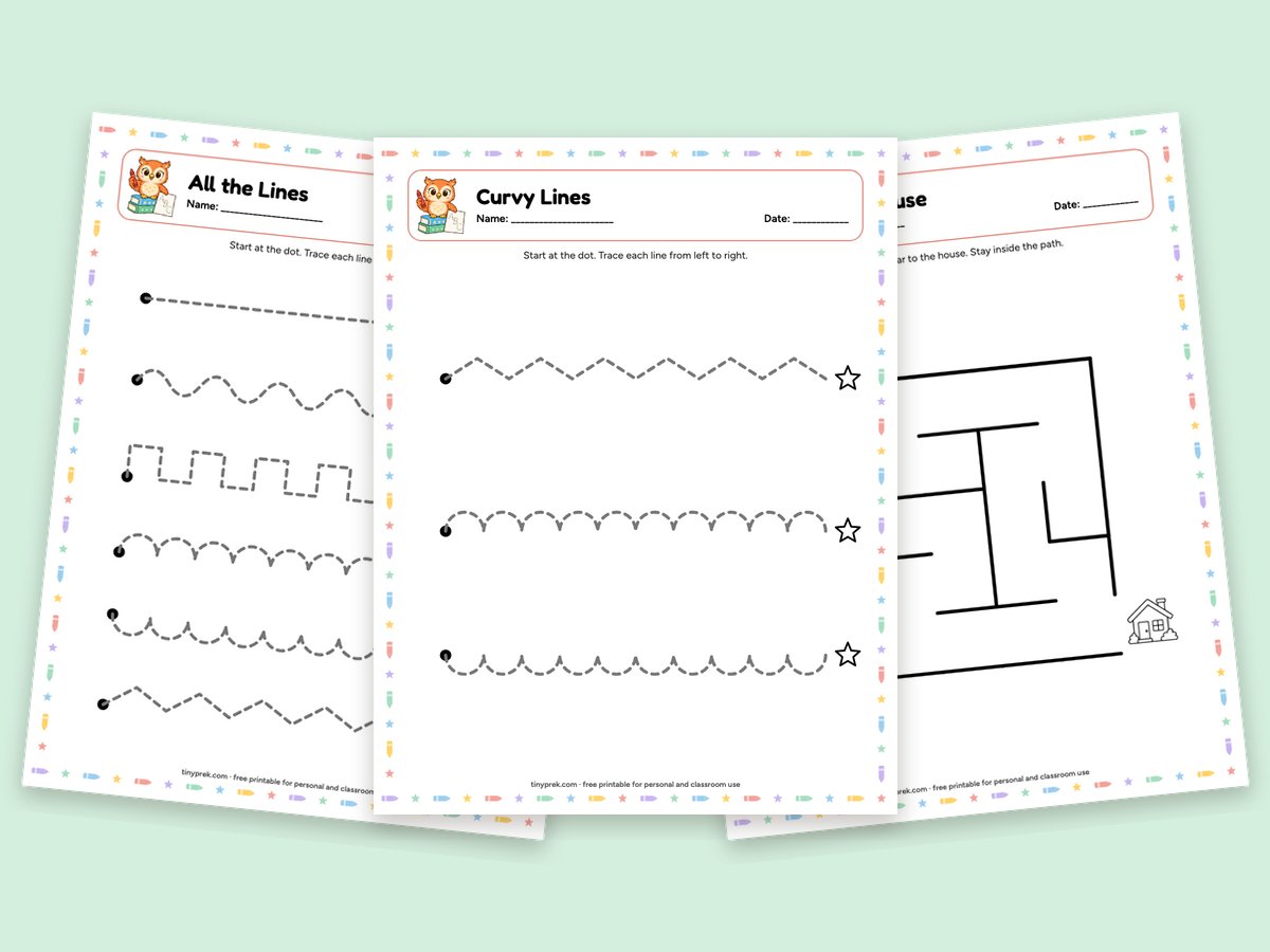 Free pencil control worksheets: line tracing and maze