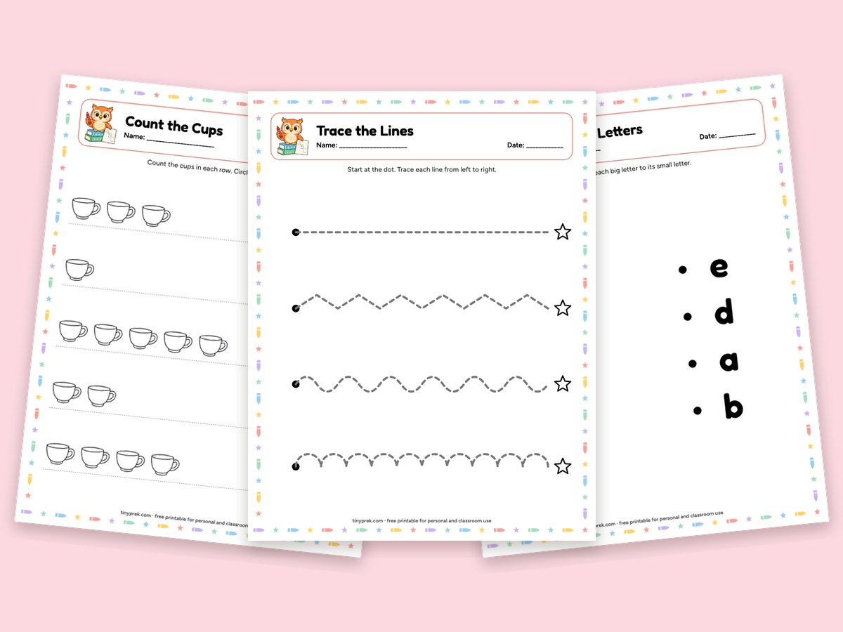 Free pre-K worksheets: count, trace lines, match letters, trace shapes