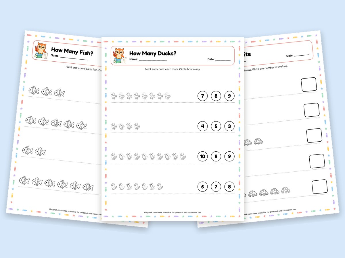 Free preschool math worksheets: count and circle, count and write, which has more