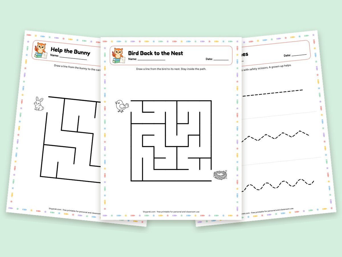 Free fine motor printables: bunny maze, bird maze, cutting lines and dot the circle