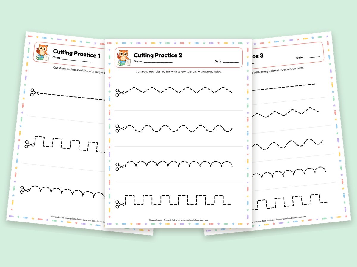 Free scissor skills cutting practice pages with straight, zigzag, wavy and step lines