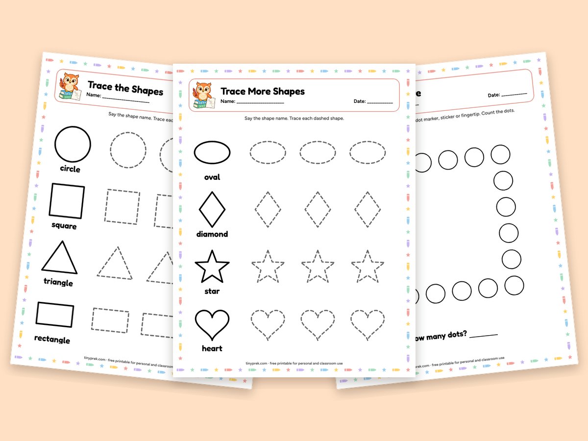 Free shape tracing worksheets and a dot the square page