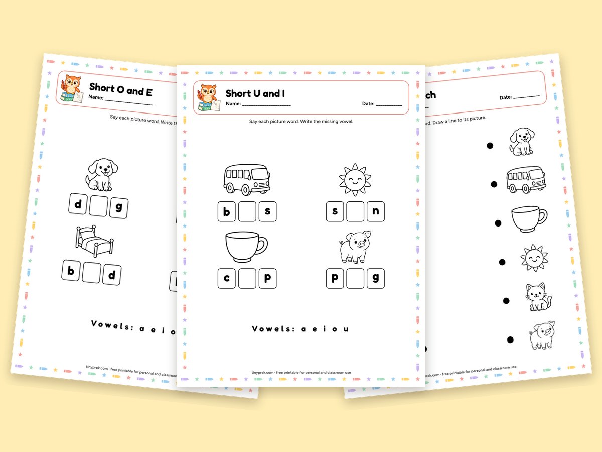 Free short vowel worksheets with pictures