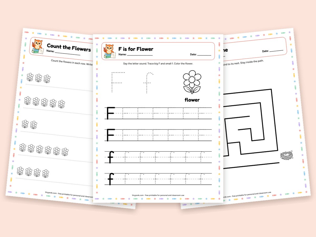 Free spring preschool worksheets: flowers, bird maze, patterns