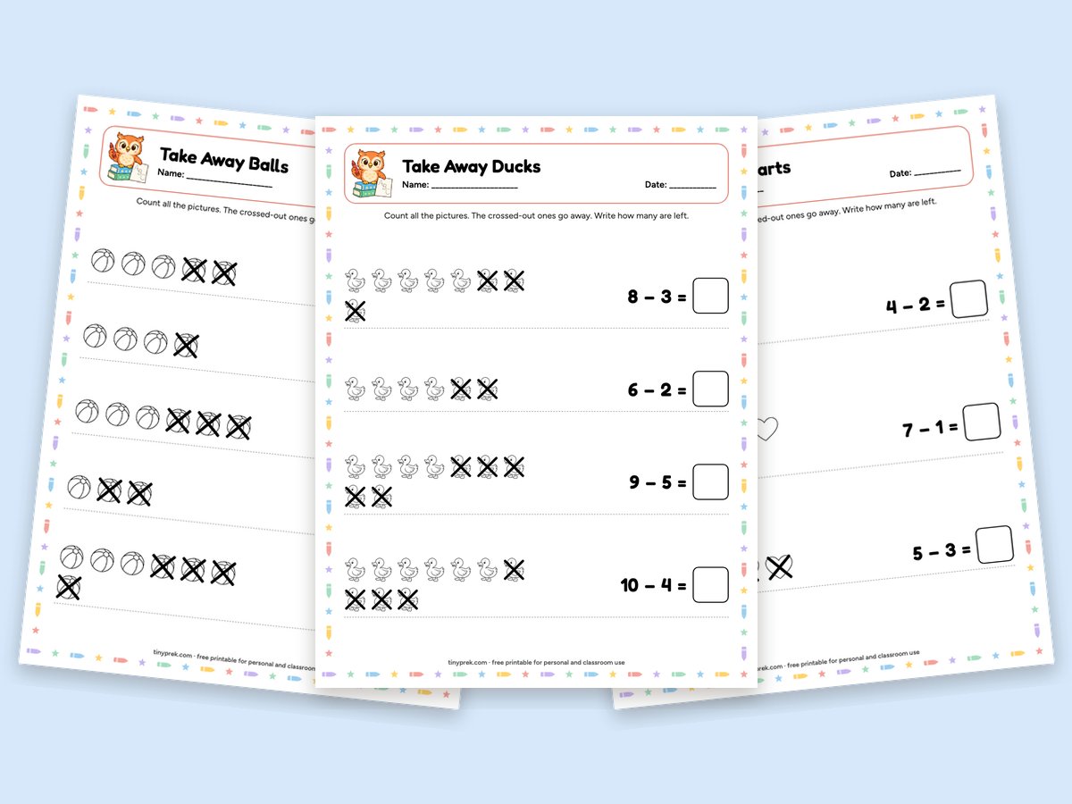 Free kindergarten subtraction worksheets with crossed-out pictures