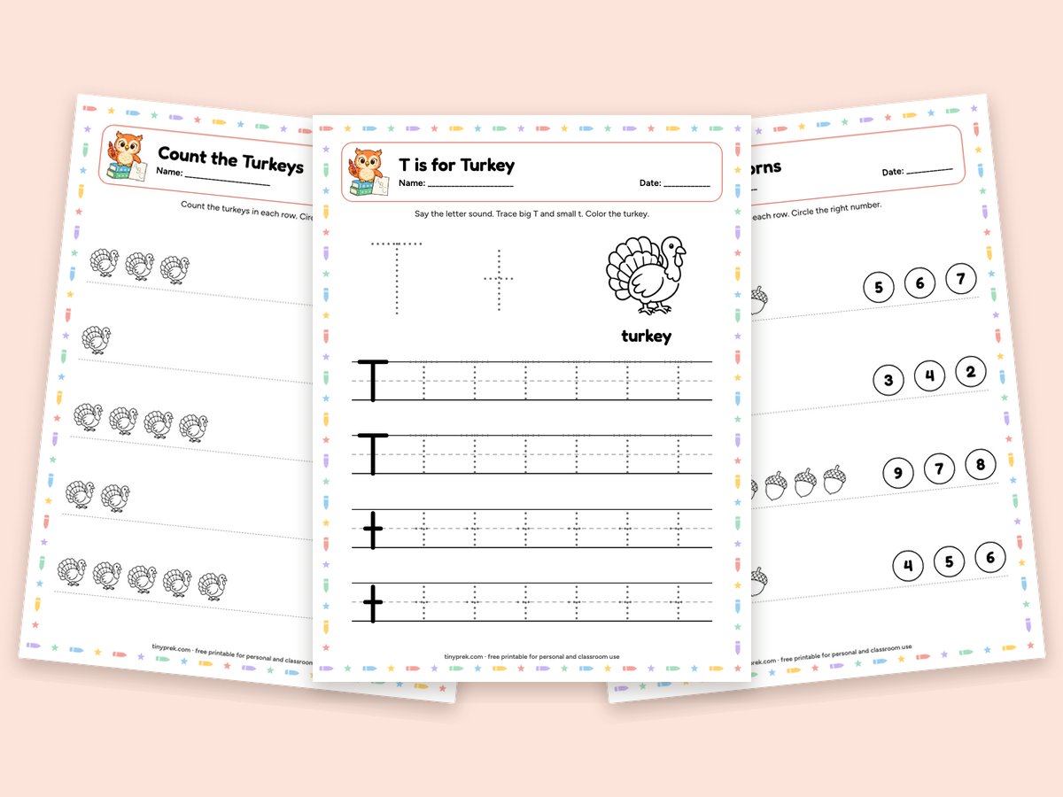 Free Thanksgiving preschool worksheets: count turkeys, T is for turkey, count acorns