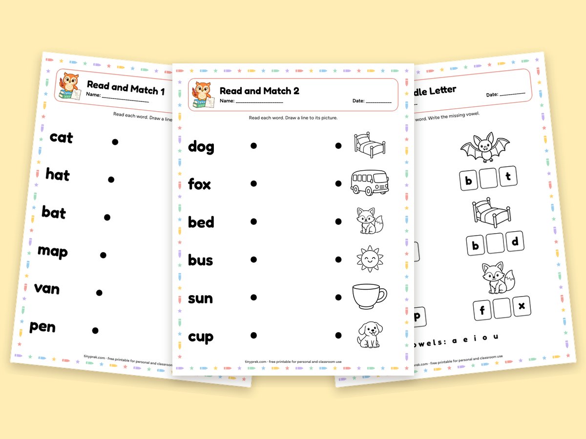 Free three letter words worksheets: read and match