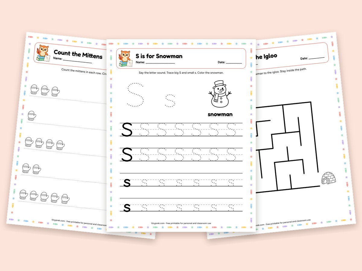 Free winter preschool worksheets: count mittens, S is for snowman, snowman maze, patterns